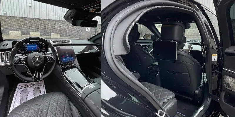 Luxury Mercedes-Benz S-Class interior featuring premium black leather seats, dashboard display, and rear entertainment screen