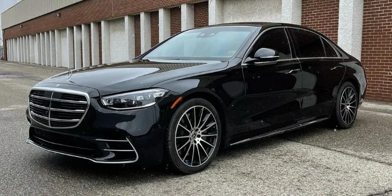 Side view of a black Mercedes-Benz S-Class luxury sedan ready for executive transport in Connecticut