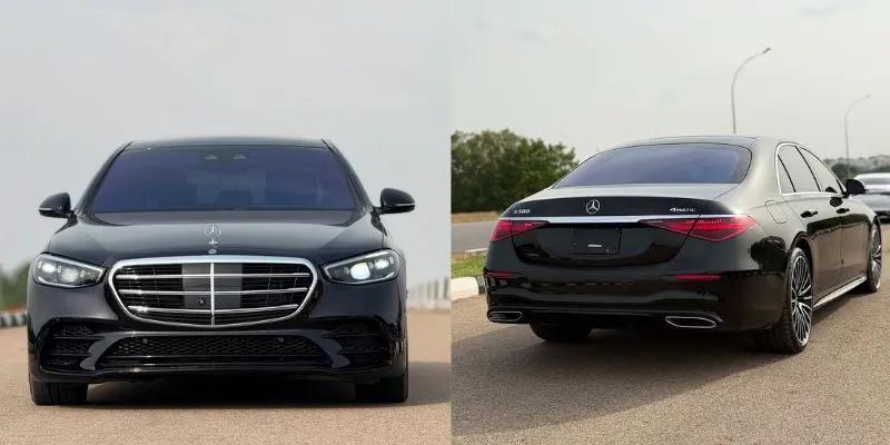 Front and rear view of a black Mercedes-Benz S-Class S580 executive sedan for private car service in Connecticut