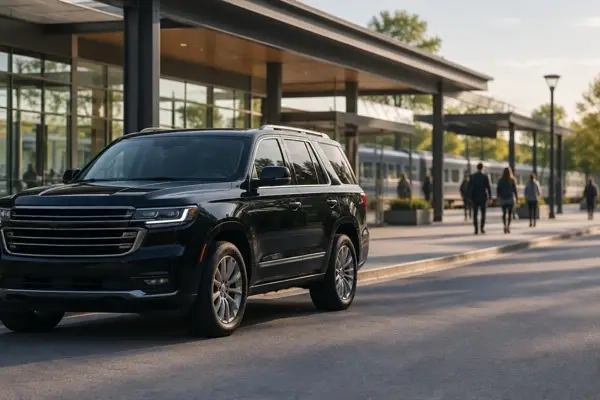 A black full-size SUV parked at the curb beside a covered station entrance in warm light, with a few pedestrians walking in the background