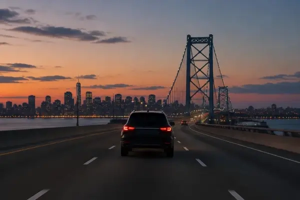 A dark SUV seen from behind driving toward a lit suspension bridge at sunset, with a city skyline across the water