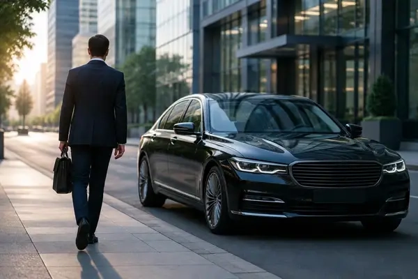 A businessman in a dark suit carrying a briefcase walks along a sidewalk past a parked black executive sedan, with glass office buildings behind