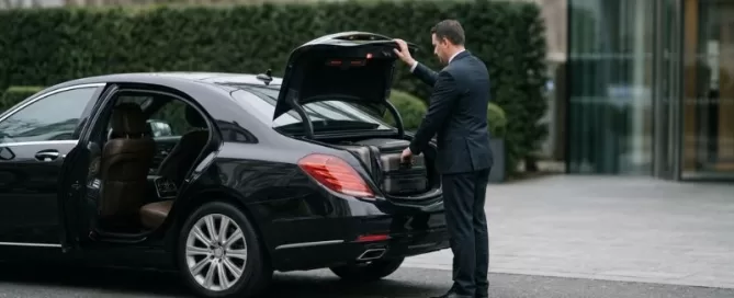 chauffeur closing trunk of luxury black sedan filled with luggage outside building