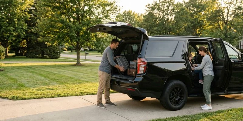 Two people loading luggage into the open rear of a black SUV parked beside a lawn and trees