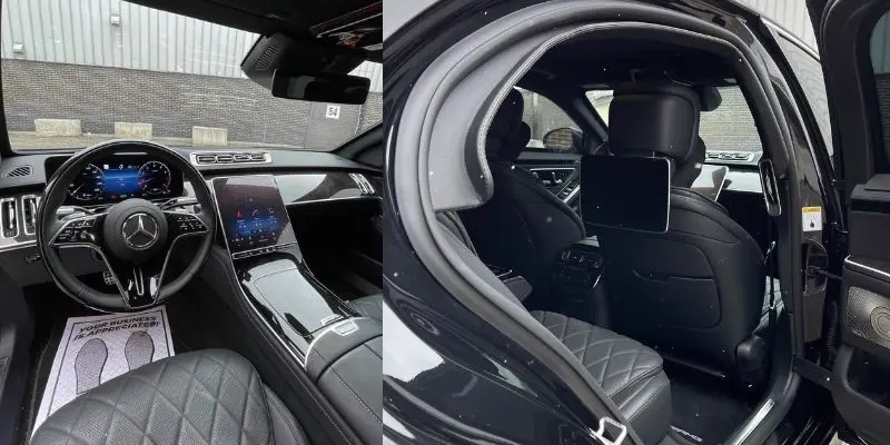 Two views inside a Mercedes sedan, the steering wheel and digital displays above quilted black leather seats on the left, and the rear seat with a headrest screen seen through the open door on the right