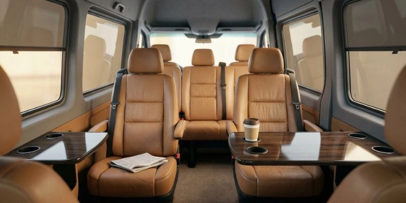 Interior of a passenger van with tan leather seats facing small tables