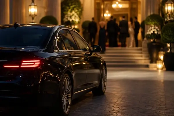 The rear of a black luxury sedan parked at a lantern-lit entrance with stone steps, and formally dressed guests gathered in the background