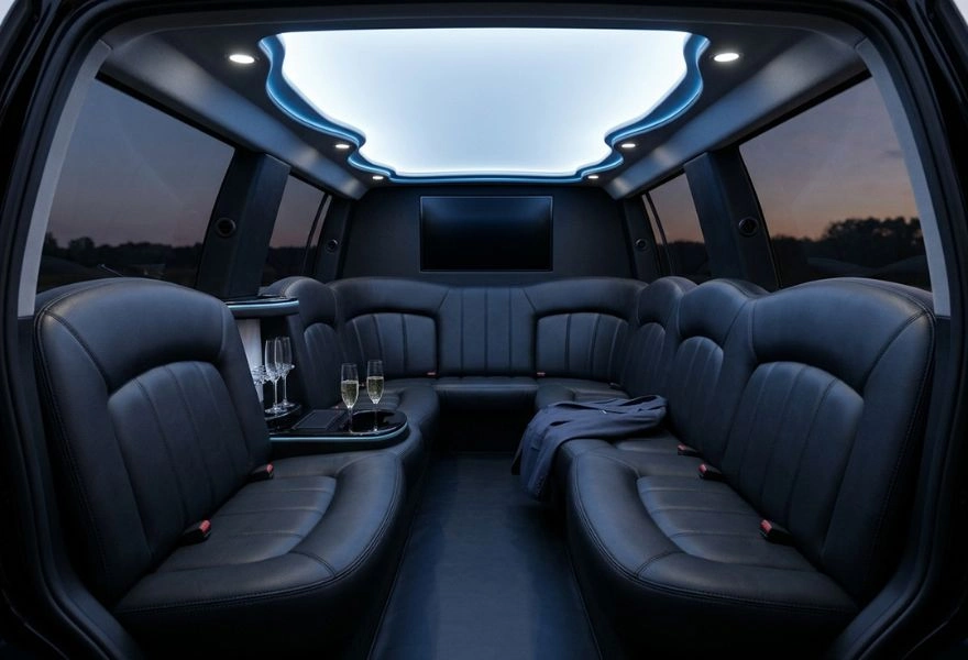 Party bus interior with black leather bench seats and a lit ceiling panel