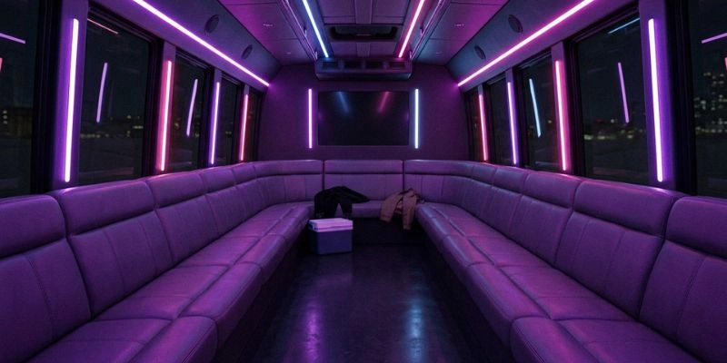 Party bus interior with purple bench seating and purple neon light strips