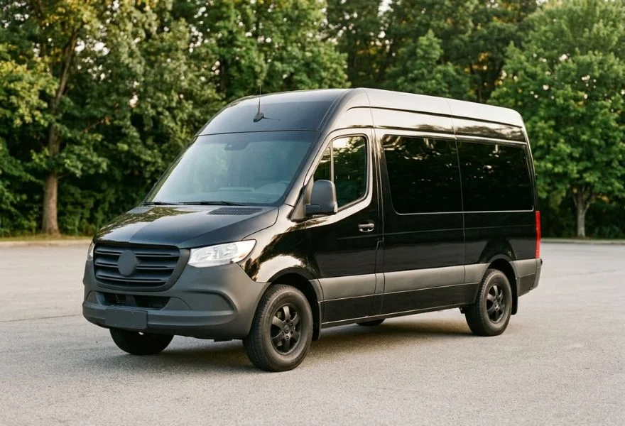 Black executive passenger van parked on pavement in front of green trees