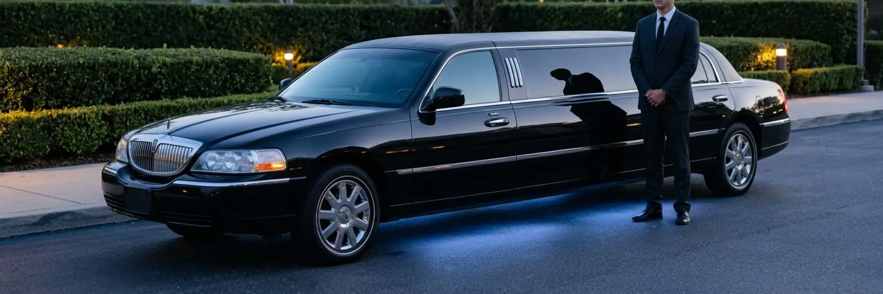 Chauffeur in a dark suit standing beside a long black limousine parked on a paved street
