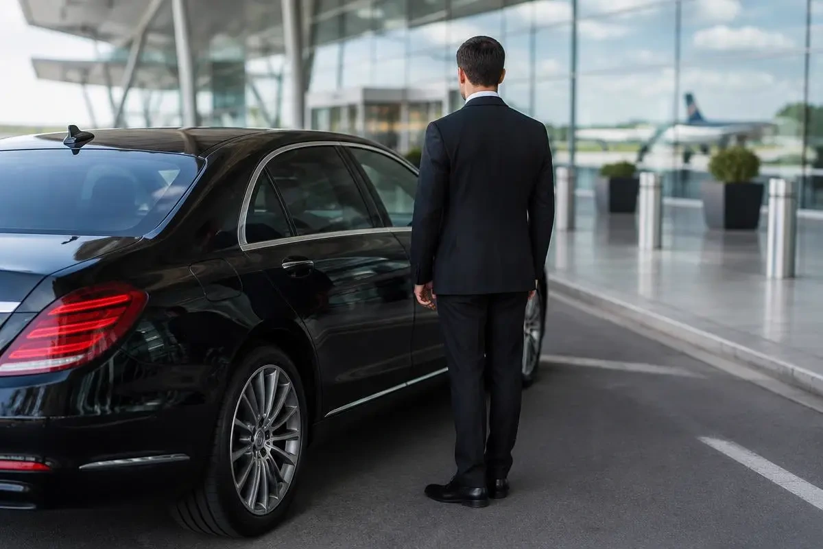 A chauffeur in a dark suit seen from behind, standing beside a black sedan at an airport curb with a glass terminal in the background
